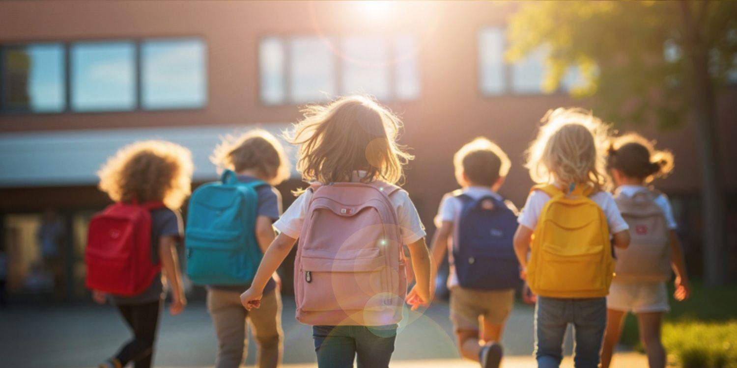 Kids walking to after school care wearing bookbacks.
